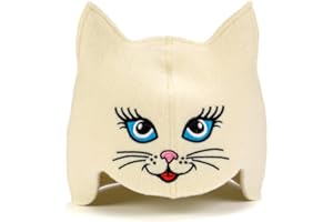 ‎NATURAL TEXTILE Natural Textile Saunahut 'Sauna Kitten Cat' White - 100% organische Wollfilzmützen - Schützen Sie Ihren Kopf vor Hitze - Englische Sauna E-Book Handbuch inklusiv - mit Stickerei