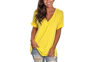 CMTOP T-Shirt Donna Estiva Cotone V Scollo Tinta Unita Maglietta Manica Corta Top Casual Case Camicie Orlo Arrotondato Lungo per Feste