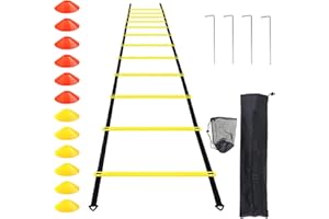 Auckpure Accesorio de entrenamiento de fútbol con escalera de coordinación, juego de entrenamiento con 12 conos de fútbol, 4 postes de hierro fijos, 1 bolsa de malla de cono de fútbol, 1 bolsa de