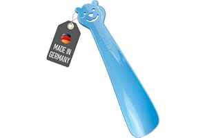 Lantelme Calzascarpe per bambini, anche per bambini, scelta di colori in blu, verde, rosa, giallo, piccolo calzascarpe in plastica, 18 x 4 cm, con figura allegra, Made in Germany, Blu, 22-36