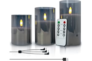 SHEDALED Rechargable Flameless Candles with Timer & Remote Control, Built-in Battery LED Candle, Gray Glass Candles Gift Set, Set of 3 Pillar Flickering Candle of 4.1" 5.1" 6.1" for Home Decor