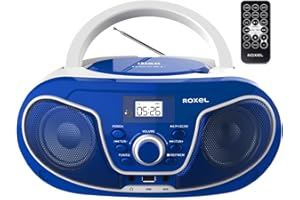 Roxel RCD-S70BT Boombox Lecteur CD portable avec télécommande, radio FM, lecture MP3 USB, entrée auxiliaire 3,5 mm, prise casque, écran LED, diffusion de musique sans fil (bleu)