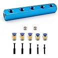 SRJQXH 1/4" Air Manifold, 5 Way 8 Ports Air Hose Manifold Block with 3 Pcs 8mm and 2 Pcs 6mm Pneumatic Connectors, 2 Pcs Grub Screws and 5 pcs Pipe Stopper, Can be Used for Pneumatic Tool