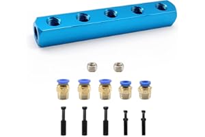 SRJQXH 1/4" Colector Conector Rápido, 5 Camino 8 Puertos Divisor de Manguera de Aire, Viene con Dos de 6 mm y Tres de 8 mm Conector Neumatico, Dos Tornillo sin Cabeza Y Cinco Tapón de la Tubería