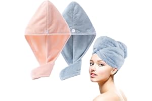 Lumimi Bath Pre Dry Hair Towel 2 Pack Quick Dry Hair Super Absorbent Lightweight Turban with Button Hair Drying Wrap Shower Wellness, Pink Blue