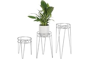 mDesign Juego de 3 portamacetas de estilo mediados de siglo de metal – Soportes metálicos redondos de moderno diseño industrial – Versátiles maceteros de metal para interiores y exteriores – plateado
