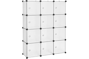 SONGMICS 12-Cube Storage Unit, Shoe Rack, Stackable Cubes, Plastic Closet Cabinet, Wardrobe, with Doors, for Bedroom, Office, Easy to Assemble, White LPC342W01