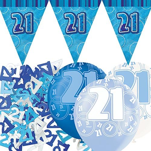 Blue Silver Glitz 21st Birthday Flag Banner Party Decoration Pack Kit Set