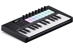 Novation Launchkey Mini 25 [MK4]: Controlador de teclado MIDI portátil, 25 teclas, USB e integración DAW. Modos Chord y Scale, pads de percusión, arpegiador y paquete de software de creación musical