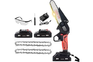 SPICE PANDA Mini Chainsaw 6 Inch Cordless, Electric Chainsaw with 2 Battery and Charger, Hand Saw with Security Lock, Wood/Tree Saw for Garden Tree Trimming with Extra 2 PCS Chain, Red