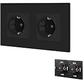 BSEED Wall Plug with Glass Panel, Black Double Schuko Plug with Clips, 16A 250V Recessed Power Outlets, Wall Plug Apply for K