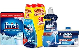 Finish Kit Lavastoviglie; Finish Powergel Detersivo Lavastoviglie Fresh 90 Lavaggi, Brillantante Regular 500ml, Curalavastoviglie regular 250ml, Cristalli di Sale 1kg