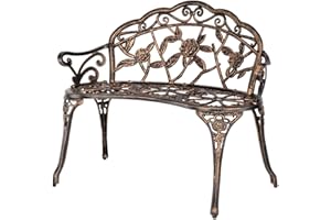 Outopee Metal Garden Bench, Antique Rose Style Outdoor Lounge Bench, Cast Iron Aluminum Outdoor Porch Park Seat for Lawn, Front Porch, Path, Antique Bronze