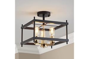SM SAINT MOSSI Saint Mossi Black Ceiling Light Fixture, Industrial Semi Flush Mount Chandeliers for Living Space, Bedroom, Dining Room, 3 x E27 Sockets, Light Gold & Balck Finish Metal Frame