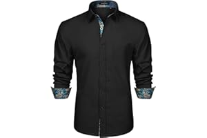 HISDERN Men's Inner Contrast Shirt Casual Formal Classic Button Down Dress Shirts Long Sleeve Plaid Collar Regular Fit