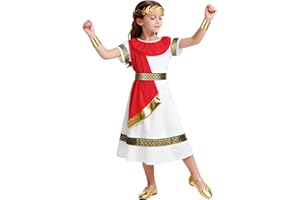 BSBUY Ancient Roman Greek Costume Boys Girls White Red Greek Goddess Long Robe Roman Toga Fancy Dress Costume Roman Emperor Dress Up Outfit with Belt Headband Wristband for Halloween World Book Day