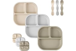 PandaEar 3 Pack Baby Suction Plates for Weaning with Spoons, Silicone Toddler Plates for Childrens Kids, Unbreakable Divided Baby Plate with Suction, Non-Slip, Non-Toxic, BPA Free (Creamy Grey Brown)