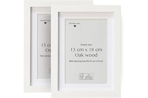 Framelane Set de 2 Marco Blanco Cuadro en Roble FSC para Fotos 13x18 con Vidrio Acrílico Antirrayas y Antirroturas - Passepartout Incluido - Montaje de Pared o Sobremesa