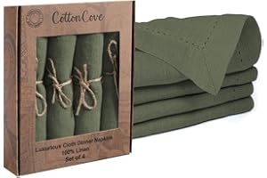 CottonCove 100% Linen Hemstitch Dinner Napkins - Soft Durable Washable - Ideal for Farmhouse Parties Wedding Holidays Christmas - Perfect Everyday Use Set of 4 Table Cloth Napkins 46x46 cm Green