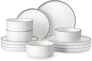 MALACASA 12 Piece Porcelain Dinnerware Set, Dish Set for 4, Premium Plates and Bowls Sets, Chip and Scratch Resistant, White with Black Rim, Series LEAH