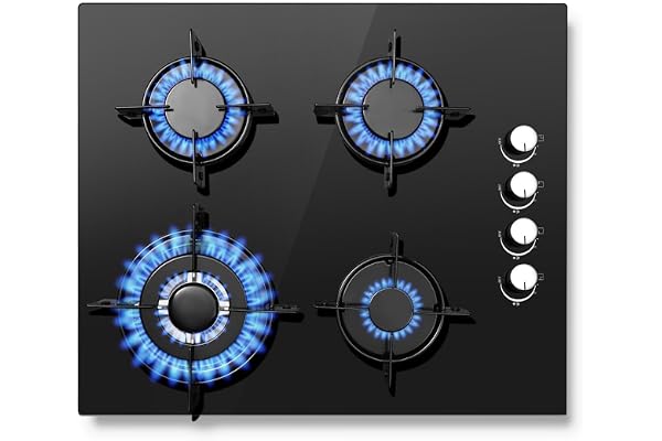 SNDOAS Plaque de Cuisson Gaz 4 Feux avec Sécurité Thermocouple, Convient pour le Gaz Naturel/Propane, Noir, 8,0 kW, 220-240 V