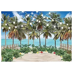 Funnytree 7x5FT Summer Beach Photography Backdrop Tropical Leaves Sea Palm Tree Flower Island Seaside Background Hawaiian Holiday Birthday Wedding Party Decoration Banner Supplies Photobooth Prop