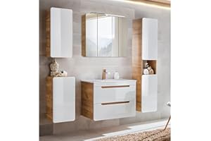 Lomadox Badmöbel Set in Hochglanz weiß mit Wotan Eiche Nb., Keramik-Waschtisch mit 81 cm Unterschrank, LED-Spiegelschrank, Hängeschränke, Hochschrank