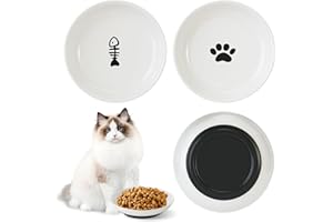 QOEOTUY Ciotole per Gatti Antiscivolo in Silicone: Set 3 Ceramica con Base Gomma, Larghe e Basse per Gattini - Anti Stress Vibrisse
