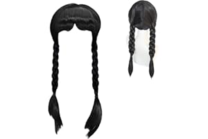 May Huang Parrucca Mercoledì Addams Bambina, Trecce Nere Lunghe Con Frangia per Cosplay, Party, Halloween, Carnevale