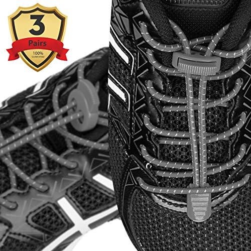 [3 Pairs] No Tie Shoe Laces Grey - Elastic Shoelaces with Lock for Adults and Kids Running Shoes - Reflective Quick Lacing System for Running Climbing Hiking