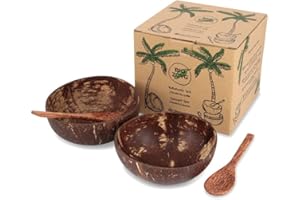 BIOZOYG Zestaw 2 misek kokosowych z łyżkami I Regular Bowl I 450-550ml I 100% Handmade I Wielokrotnego użytku I Biodegradowalna I Miska wykonana z kokosowego polerowana olejem kokosowym