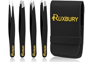 Ruxbury 4pcs Tweezers for Facial Hair Women & Men Professional Stainless Steel Black Color Coated Precision Tweezers Slanted & Pointed Tip Eyebrow & for Ingrown Hair in Leather Pouch