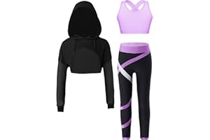 Doomiva 3 Pieces Ensemble Danse Moderne Jazz Fille Sweat a Capuche Brassière Sport Yoga Jogger Legging Tenue Danse Enfant 5-16 Ans