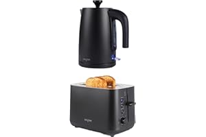 Salter Kuro Toaster & Kettle Set – 2-Slice High-Lift Toaster with 7 Browning Levels & Defrost/Reheat/Cancel, 3000W Rapid Boil Kettle with Anti-Limescale Filter, Auto Shut-Off & Boil-Dry Sensor, Black