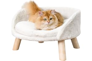 BingoPaw Cat Sofa Chair: Elevated Nordic Pet Stool Bed with Removable Waterproof Mat - Raised Plush Fur Dog Kitten Couch with Wooden Legs Frame (Dia 50cm)