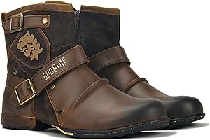 LOKTCH TRYNIS Round Toe Vintage Metallschnalle PU Herren Ritterstiefel/Westernstiefel mit seitlichem Reißverschluss/Martin Stiefel Frühling Herbst Wandern Mittelalter Stiefel Bequeme Oxford-Boden B 45