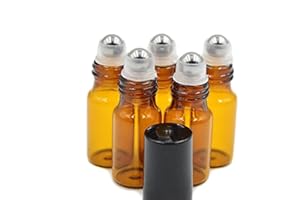 ELANDY 24PCS Amber Empty Glass Roll on Roller Bottle Vial Container Holder Pot Jar with Metal Roller Ball and Black Caps for Essential Oil Perfumes Lip Gloss Balms (5ml)