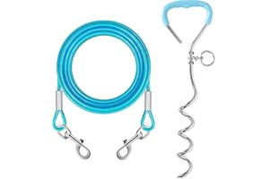 ZIMOER 10ft Dog Tie Out Cable with 15" Spiral Ground Stake Spike for Small to Medium Dogs Up to 60 lbs, Pet Tie Out Cable for Playing, Camping，Outdoor, Yard and Backyard in Ground (3 Meter, Lake Blue)