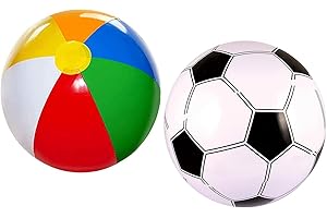 RAMONI Beach Ball, Rainbow Beach Balls, Kids Birthday Party Beach Ball, Suitable for Outdoor Activity, Water Games, Swimming Pool Beach Party（2 Pcs）1Rainbow Beach Ball and 1Football Beach Ball