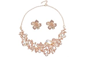 KONFEN Parure Gioielli Donna Matrimonio, Collana Girocollo Orecchini con Cristallo, Fiore Foglia Cristallo Gioeli Parure Sposa per Donne Ragazze Matrimoni (Verde/Bianco/Viola/Rosso/Oro Champagne)