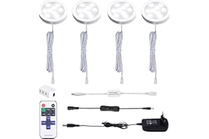 AIBOO LED Cocina Debajo de La Lámpara del Gabinete con Control Remoto Inalámbrico RF, Iluminación Empotrada Ultradelgada Redonda, 4 Packs de Luces LED para Escaparate 12V 8W(Blanco Frio 6000K)