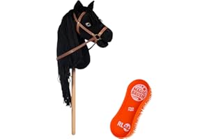RL24 - Hobby Horse Pferde Mini von HKM Kids inkl. MagicBrush Edition – Steckenpferd – Spielpferd mit Holzstock, Mähne & Trense – Stockpferd ohne Griffe & Rollen – schwarz (Donner)