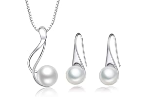 AMIGUO Freshwater Pearl Jewellery Necklace Earrings Set 925 Sterling Silver Gift for Women
