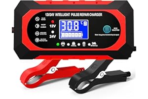 AIBEAU 10A Ladegerat Autobatteri, 12V/24V Smart vollautomatische KFZ Batterie Ladegerät mit LCD-Bildschirm, geeignet für Auto LKW Motorrad Rasenmäher Boot Marine Batterien