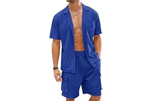 Fastkoala Homme Ensemble Sets Ete Tenues Survêtement Costumes Plage Vacances Bouton Lapel Chemises et Shorts 2 Pcs