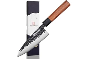 KEEMAKE Couteau Cuisine Japonais Deba - Couteau de Cuisine 15 cm en Acier Inoxydable, Couteau Poisson Professionnel Martelé Noir, Manche Octogonal en Bois de Rose