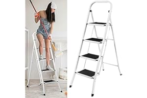 ROYALSWILL Échelle pliante, Escabeau pliable à 4 marches - Échelle à marches de 20 cm de large - Antidérapant - Portable - Échelle en acier - Charge maximale : 150 kg