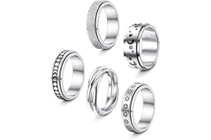 TOFBS 5 Piezas Anillos Giratorios Antiestrés Acero Inoxidable Diseño Luna Estrellas Flores Texturizado Spinner Rotación