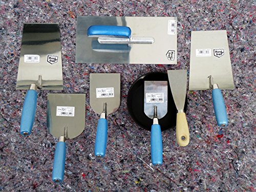 8 teiliges Maurer Glättekelle Spachtel Set mit Gipsbecher zum Aufziehen und Glätten von Mörtelputzen und für Spachtelarbeiten. Handwerker Qualität aus rostfreiem Edelstahl