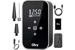 Olvy Portable Air Compressor - 12V Cordless Tire Inflator - 6000 mAh Rechargeable Battery - Digital Display - Auto Shut-Off - LED Light - for Car, Bike, Motorcycle, Ball & Air Mattress